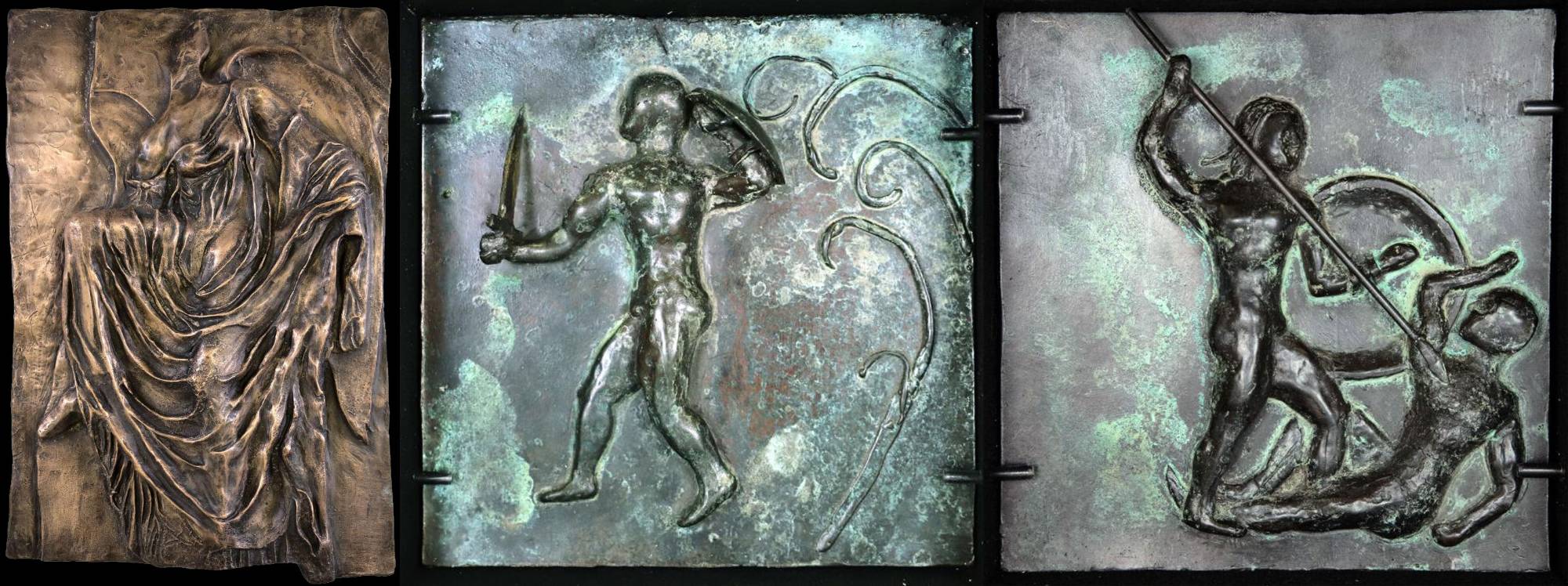 Three bronze relief sculptures of Ancient Greek gods and goddesses.